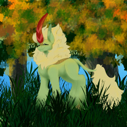 Size: 1000x1000 | Tagged: safe, artist:voxtra, imported from derpibooru, forest fall, kirin, pony, background pony, blonde mane, blonde tail, fantasy, forest, forest background, green, large horn, no gender, sketch, sketch dump, smiling, solo, sunlight, tail