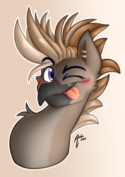 Size: 2894x4093 | Tagged: safe, artist:artsyambi, imported from derpibooru, oc, oc:aeto, avian, bird, hippogriff, beak, blushing, bust, ear piercing, earring, hippogriff oc, jewelry, mohawk, one eye closed, piercing, solo, tongue out, wink