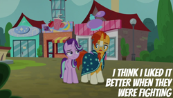 Size: 1920x1080 | Tagged: safe, edit, edited screencap, editor:quoterific, imported from derpibooru, screencap, starlight glimmer, sunburst, pony, unicorn, season 8, the parent map, spoiler:s08, beard, blaze (coat marking), cloak, clothes, coat markings, duo, duo male and female, facial hair, facial markings, female, frown, glasses, implied firelight, implied stellar flare, looking at each other, looking at someone, male, mare, messy mane, socks (coat markings), stallion, starlight glimmer is not amused, sunburst is not amused, sunburst's cloak, sunburst's glasses, unamused