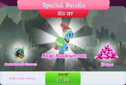 Size: 1264x856 | Tagged: safe, imported from derpibooru, meadowbrook, bag, book, bundle, bush, caravan, clothes, costs real money, dress, english, female, gameloft, gem, healer's mask, mare, mask, mobile game, my little pony: magic princess, numbers, official, sale, solo, solo focus, text