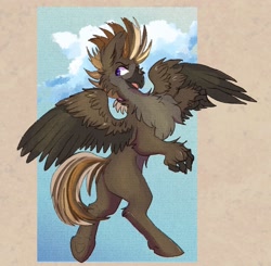 Size: 1560x1530 | Tagged: safe, artist:shockinglylazy, imported from derpibooru, oc, oc:aeto, hippogriff, beak, butt, chest fluff, claws, ear fluff, fluffy, flying, hippogriff oc, mohawk, plot, solo