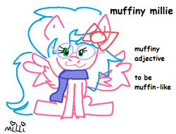 Size: 993x758 | Tagged: safe, artist:milliemuffins, imported from derpibooru, oc, oc only, oc:muffiny millie, pegasus, pony, bow, clothes, female, glasses, hair bow, mare, ms paint, pegasus oc, round glasses, scarf, simple background, solo, white background