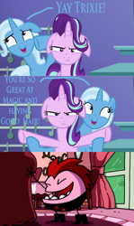 Size: 1280x2144 | Tagged: safe, edit, edited screencap, imported from derpibooru, screencap, starlight glimmer, trixie, all bottled up, floppy ears, kaput, kaput and zosky, meme, trixie's puppeteering