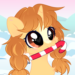 Size: 2842x2856 | Tagged: safe, artist:vi45, imported from derpibooru, oc, oc only, oc:morning latte, pony, unicorn, behaving like a dog, blaze (coat marking), blushing, candy, candy cane, coat markings, cute, facial markings, female, food, heart, heart eyes, horn, mare, mouth hold, pigtails, solo, unicorn oc, wingding eyes