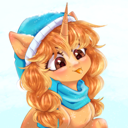 Size: 1900x1900 | Tagged: safe, artist:kawipie, imported from derpibooru, oc, oc only, oc:morning latte, pony, unicorn, :p, clothes, cozy, cute, female, hat, horn, mare, pigtails, scarf, simple background, snow, snowfall, solo, tongue out, unicorn oc, white background