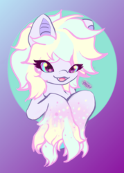 Size: 2038x2851 | Tagged: safe, artist:umbrapone, imported from derpibooru, oc, oc only, oc:bass-beat, earth pony, pony, abstract background, bat ears, bust, earth pony oc, fangs, happy, hooves, krita, multicolored mane, open mouth, sparkly eyes, unshorn fetlocks