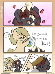 Size: 1000x1333 | Tagged: safe, artist:grithcourage, imported from derpibooru, oc, oc:grith courage, oc:kappu kyrana, earth pony, pony, :3, ><, ahegao, bonk, comic, dialogue, earth pony oc, eyes closed, heart, heart eyes, holding, horny jail, meme, milk, not porn, open mouth, simple background, text, tongue out, tsundere, wingding eyes