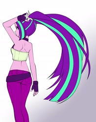 Size: 1800x2300 | Tagged: safe, artist:nekojackun, imported from derpibooru, aria blaze, human, equestria girls, arse-ia blaze, ass, backless, bare shoulders, butt, clothes, female, fingerless gloves, gloves, long hair, looking at you, looking back, looking back at you, midriff, pants, pigtails, rear view, simple background, sleeveless, solo, twintails, white background