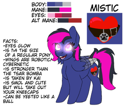 Size: 1243x1031 | Tagged: safe, artist:reatheblank, imported from derpibooru, oc, oc:mistic spirit, hybrid, original species, pegasus, pony, cybernetic eyes, cybernetic pony, cybernetic wings, prosthetic eye, prosthetics, reference sheet, smol, wings