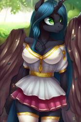 Size: 1024x1536 | Tagged: safe, editor:craft, imported from derpibooru, queen chrysalis, anthro, changeling, changeling queen, ai assisted, ai content, breasts, busty queen chrysalis, clothes, dress, female, forest, generator:purplesmart.ai, generator:stable diffusion, schoolgirl, solo