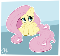 Size: 3198x2953 | Tagged: safe, artist:darkpandax, imported from derpibooru, fluttershy, pegasus, pony, chest fluff, chibi, cute, female, high res, long mane, long tail, looking away, looking up, outline, shy, shyabetes, sitting, smol, solo, spread wings, tail, white outline, wings