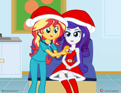 Size: 1017x786 | Tagged: safe, artist:dieart77, imported from derpibooru, rarity, sunset shimmer, human, equestria girls, checkup, christmas, clothes, costume, duo, duo female, exam room, female, hat, holiday, nurse, nurse shimmer, santa costume, santa hat, scrubs (gear), smiling, stethoscope