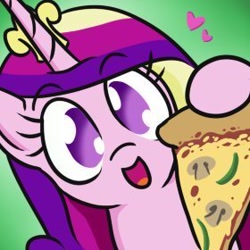 Size: 280x280 | Tagged: safe, artist:jargon scott, imported from derpibooru, princess cadance, alicorn, pony, avatar, eyebrows, eyebrows visible through hair, floating heart, food, heart, hi anon, hoof hold, looking at you, meme, no pupils, open mouth, open smile, peetzer, pizza, smiling, smiling at you, solo, that pony sure does love pizza