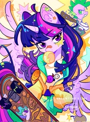 Size: 1505x2048 | Tagged: safe, artist:千雲九枭, imported from derpibooru, princess celestia, spike, twilight sparkle, alicorn, dragon, pony, bandaid, bandaid on nose, bubblegum, clothes, eyebrows, eyebrows visible through hair, female, food, gum, mare, skateboard, solo focus, spiked bat, twilight sparkle (alicorn)