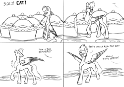 Size: 6054x4273 | Tagged: safe, artist:lightning bolty, imported from derpibooru, soarin', zipp storm, pegasus, pony, 4 panel comic, absurd resolution, cartoon physics, cheek bulge, comic, concave belly, crumbs, digestion without weight gain, eating, eating contest, folded wings, food, g5, giant food, gulp, hammerspace, hammerspace belly, hoof fluff, licking, licking lips, monochrome, neck bulge, one eye closed, partially open wings, pie, plate, pumpkin pie, raised hoof, raised leg, short mane, showing off, sitting, sketch, slim, solo, spread wings, standing, sternocleidomastoid, stuffing, swallowing, talking, tall, that pony sure does love eating, that pony sure does love pies, thin, throat bulge, tongue out, unshorn fetlocks, wings, wink