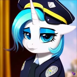 Size: 1080x1080 | Tagged: safe, imported from derpibooru, oc, oc only, pony, unicorn, ai content, ai generated, cap, fil, floppy ears, hat, horn, lidded eyes, officer, solo, unicorn oc