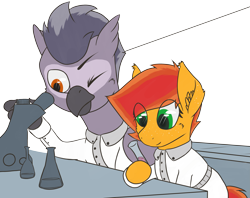 Size: 2805x2217 | Tagged: safe, artist:al solae, imported from derpibooru, oc, oc only, oc:chemical function, oc:galileo, earth pony, griffon, pony, clothes, duo, earth pony oc, female, griffon oc, lab, lab coat, mare, microscope, simple background, test tube, transparent background