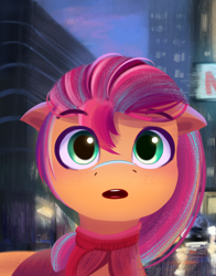 Size: 1536x1955 | Tagged: safe, artist:nari_artsz, imported from derpibooru, sunny starscout, earth pony, pony, city, cute, floppy ears, g5, looking at you, open mouth, solo, sunnybetes