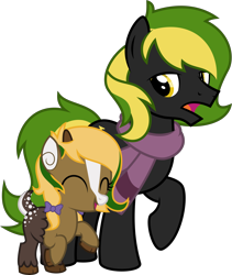 Size: 5000x5933 | Tagged: safe, artist:melisareb, imported from derpibooru, oc, oc only, oc:vermont black, oc:vittaria black, deer, deer pony, earth pony, hybrid, original species, pony, derpibooru community collaboration, 2023 community collab, absurd resolution, antlers, clothes, deer oc, duo, earth pony oc, eyes closed, father and child, father and daughter, female, filly, foal, interspecies offspring, lidded eyes, male, offspring, open mouth, parent:oc:bada nevada, parent:oc:vermont black, parents:oc x oc, raised hoof, scarf, simple background, stallion, transparent background, vector