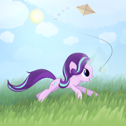 Size: 2000x2000 | Tagged: safe, artist:candy meow, imported from derpibooru, starlight glimmer, pony, unicorn, :d, cloud, cloudy, female, grass, grass field, high res, kite, mare, open mouth, open smile, running, smiling, solo, that pony sure does love kites