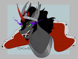 Size: 993x755 | Tagged: safe, artist:superduperath, imported from derpibooru, king sombra, pony, unicorn, bust, glowing, glowing eyes, open mouth, open smile, smiling, solo, sternocleidomastoid