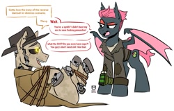 Size: 1109x708 | Tagged: safe, artist:redxbacon, imported from derpibooru, oc, oc:lily seed, bat pony, earth pony, pony, robot, robot pony, bat pony oc, dialogue, duo, fallout, fallout 4, glowing, glowing eyes, loss (meme), nick valentine, pipboy, racism, simple background, synth, tied up, white background