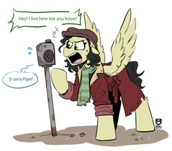 Size: 1125x987 | Tagged: safe, artist:redxbacon, imported from derpibooru, pegasus, pony, clothes, dialogue, fallout, fallout 4, fanart, piper wright, scarf, simple background, solo, spread wings, striped scarf, white background, wings