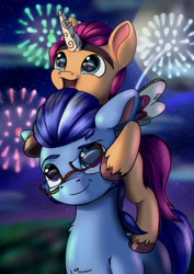 Size: 848x1200 | Tagged: safe, artist:db, imported from derpibooru, sunny starscout, earth pony, pony, argyle starshine, cute, fake horn, fake wings, father and child, father and daughter, female, filly, filly sunny starscout, fireworks, foal, g5, glasses, male, piggyback ride, ponies riding ponies, riding, sunnybetes, younger