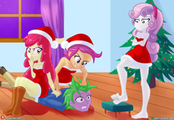 Size: 2000x1373 | Tagged: safe, artist:dieart77, imported from derpibooru, apple bloom, scootaloo, spike, sweetie belle, human, equestria girls, barefoot, breasts, christmas, commission, cutie mark crusaders, feet, female, foot tapping, gritted teeth, hat, holiday, human spike, humanized, male, older, restrained, santa hat, sitting on person, tapping, teeth