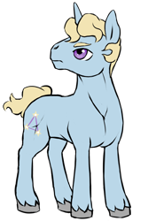 Size: 800x1200 | Tagged: safe, artist:multiverseequine, derpibooru exclusive, imported from derpibooru, oc, oc only, oc:tristar, pony, unicorn, blonde, daybreak island, full body, hooves, horn, looking back, male, purple eyes, simple background, solo, stallion, standing, sternocleidomastoid, transparent background, unicorn oc, unshorn fetlocks