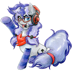 Size: 3640x3612 | Tagged: safe, artist:invalid-david, imported from derpibooru, oc, oc only, oc:cinnabyte, earth pony, pony, derpibooru community collaboration, 2023 community collab, clothes, earth pony oc, female, gaming headset, glasses, headset, high res, mare, open mouth, open smile, raised hoof, simple background, sitting, smiling, socks, solo, striped socks, traditional art, transparent background, watercolor painting