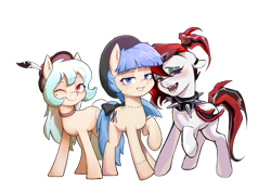 Size: 4093x2894 | Tagged: safe, artist:dundundun, imported from derpibooru, oc, oc only, unnamed oc, earth pony, pony, derpibooru community collaboration, 2023 community collab, earth pony oc, eyebrows, eyebrows visible through hair, hat, high res, looking at you, one eye closed, open mouth, open smile, raised hoof, simple background, smiling, smiling at you, transparent background, trio, wink, winking at you