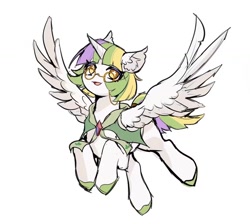 Size: 1206x1080 | Tagged: safe, artist:eight cat, imported from derpibooru, oc, oc:summer lights, alicorn, pony, comic:public using character, alicorn oc, female, flying, horn, mare, simple background, smiling, white background, wings