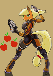 Size: 1357x1919 | Tagged: safe, artist:artsybeowulf, imported from derpibooru, applejack, anthro, earth pony, unguligrade anthro, applebutt, armor, ashley williams, ass, breasts, busty applejack, butt, crossover, looking at you, looking back, looking back at you, mass effect, power armor, solo, weapon