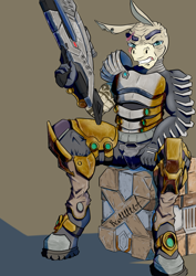 Size: 1357x1919 | Tagged: safe, artist:artsybeowulf, imported from derpibooru, cranky doodle donkey, anthro, donkey, unguligrade anthro, armor, crossover, mass effect, power armor, solo, weapon, zaeed massani