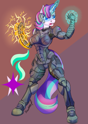 Size: 1357x1919 | Tagged: safe, artist:artsybeowulf, imported from derpibooru, starlight glimmer, anthro, unguligrade anthro, unicorn, armor, commander shepard, crossover, magic, mass effect, power armor, solo