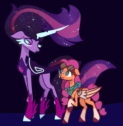 Size: 503x513 | Tagged: safe, artist:butterfly-mak, imported from derpibooru, sunny starscout, twilight sparkle, alicorn, earth pony, pony, alternate universe, artificial wings, augmented, coat markings, duo, female, g5, goggles, goggles on head, height difference, looking at each other, looking at someone, mare, mechanical wing, midnight sparkle, raised hoof, socks (coat markings), sunny and her heroine, twilight sparkle (alicorn), wings