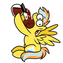 Size: 1300x1300 | Tagged: safe, artist:paperbagpony, imported from derpibooru, oc, oc:steadfast, pegasus, pony, derpibooru community collaboration, 2023 community collab, chugging, coffee, coffee pot, colored, drinking, full mouth, holding, pegasus oc, raised hoof, simple background, solo, transparent background