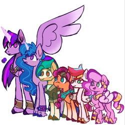 Size: 602x600 | Tagged: safe, artist:butterfly-mak, imported from derpibooru, hitch trailblazer, izzy moonbow, pipp petals, sunny starscout, twilight sparkle, zipp storm, alicorn, earth pony, pegasus, pony, unicorn, alternate universe, artificial wings, augmented, bandana, blaze (coat marking), braid, clothes, coat markings, colored hooves, colored horn, colored wings, facial markings, feathered fetlocks, female, g5, goggles, goggles on head, height difference, horn, izzy is tol, jewelry, leg bracelet, looking forward, male, mane five (g5), mare, mechanical wing, no pupils, older, older twilight, peytral, physique difference, pipp is short, simple background, size comparison, slim, socks (coat markings), spread wings, stallion, sunny and her heroine, tall, thin, twilight sparkle (alicorn), unshorn fetlocks, wall of tags, white background, wings, wreath