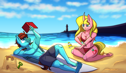 Size: 3200x1870 | Tagged: safe, artist:littletigressda, imported from derpibooru, oc, anthro, pegasus, plantigrade anthro, unicorn, beach, bikini, bikini bottom, bikini top, book, bottle, breasts, clothes, cloud, commission, complex background, curved horn, digital art, duo, duo male and female, female, horn, lighthouse, lying down, male, ocean, partial nudity, pegasus oc, relaxing, sandcastle, shading, shore, shovel, sunny day, sunscreen, swimsuit, topless, towel, unicorn oc, water, wholesome