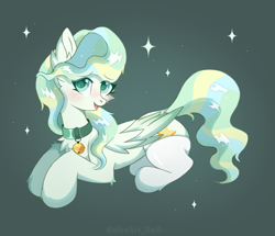 Size: 1744x1500 | Tagged: safe, artist:belkaart0w0, imported from derpibooru, vapor trail, pegasus, pony, blushing, chest fluff, clothes, collar, cute, ear fluff, female, green background, lying down, mare, open mouth, prone, simple background, socks, solo, stars, stockings, thigh highs, vaporbetes