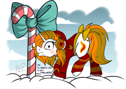 Size: 4093x2894 | Tagged: safe, artist:julunis14, imported from derpibooru, oc, oc only, oc:aurora shinespark, pony, unicorn, blushing, bow, candy, candy cane, clothes, cloud, commission, dialogue, earmuffs, embarrassed, female, food, hat, horn, leg warmers, mare, scarf, signature, silly, silly pony, snow, sweater, tail, tail bow, tongue out, tongue stuck to pole, unicorn oc, your character here
