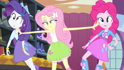 Size: 3072x1727 | Tagged: safe, imported from derpibooru, screencap, fluttershy, pinkie pie, rarity, human, equestria girls, equestria girls (movie), :o, bracelet, clothes, cutie mark on clothes, female, frown, hairpin, high heels, jewelry, open mouth, shoes, trio, trio female