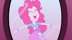 Size: 3072x1727 | Tagged: safe, imported from derpibooru, screencap, pinkie pie, human, equestria girls, equestria girls (movie), ^^, clothes, cute, cutie mark on clothes, diapinkes, eyes closed, female, mirror, open mouth, open smile, reflection, smiling, solo