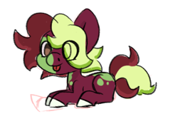 Size: 404x286 | Tagged: safe, artist:butterfly-mak, imported from derpibooru, oc, oc only, oc:harlequin apple, earth pony, :p, appaloosa, blank flank, coat markings, colored hooves, colt, earth pony oc, eye clipping through hair, foal, lying down, male, no pupils, prone, simple background, solo, tongue out, white background