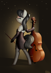 Size: 2480x3510 | Tagged: safe, artist:andelai, imported from derpibooru, octavia melody, earth pony, semi-anthro, bipedal, cello, clothes, dress, eyes closed, female, musical instrument, solo, tail, tail hole