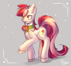 Size: 3000x2800 | Tagged: safe, artist:draco zero, imported from derpibooru, roseluck, earth pony, pony, bell, bell collar, christmas ornament, collar, commission, commissioner:doom9454, cute, decoration, mouth hold, pony pet, rosepet, snow, solo