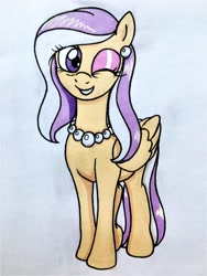 Size: 3024x4032 | Tagged: safe, artist:killerteddybear94, imported from derpibooru, oc, oc only, oc:vanilla pearl, pegasus, pony, ear piercing, earring, female, jewelry, looking at you, mare, necklace, one eye closed, pearl necklace, pegasus oc, piercing, smiling, solo, traditional art, wink