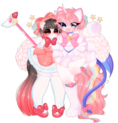 Size: 6435x6721 | Tagged: safe, artist:arwencuack, imported from derpibooru, oc, oc only, oc:arwencuack, oc:nekonin, alicorn, anthro, cat, pegasus, :3, cardcaptor sakura, clothes, commission, dress, duo, happy, magical girl, male, sakura kinomoto, simple background, transparent background