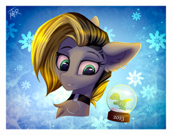 Size: 3927x3100 | Tagged: safe, artist:xanter, imported from derpibooru, oc, oc only, oc:tlen borowski, dinosaur, pegasus, pony, bust, choker, christmas, ear fluff, ear piercing, female, holiday, mare, pegasus oc, piercing, reflection, snow, snowball, snowflake, solo